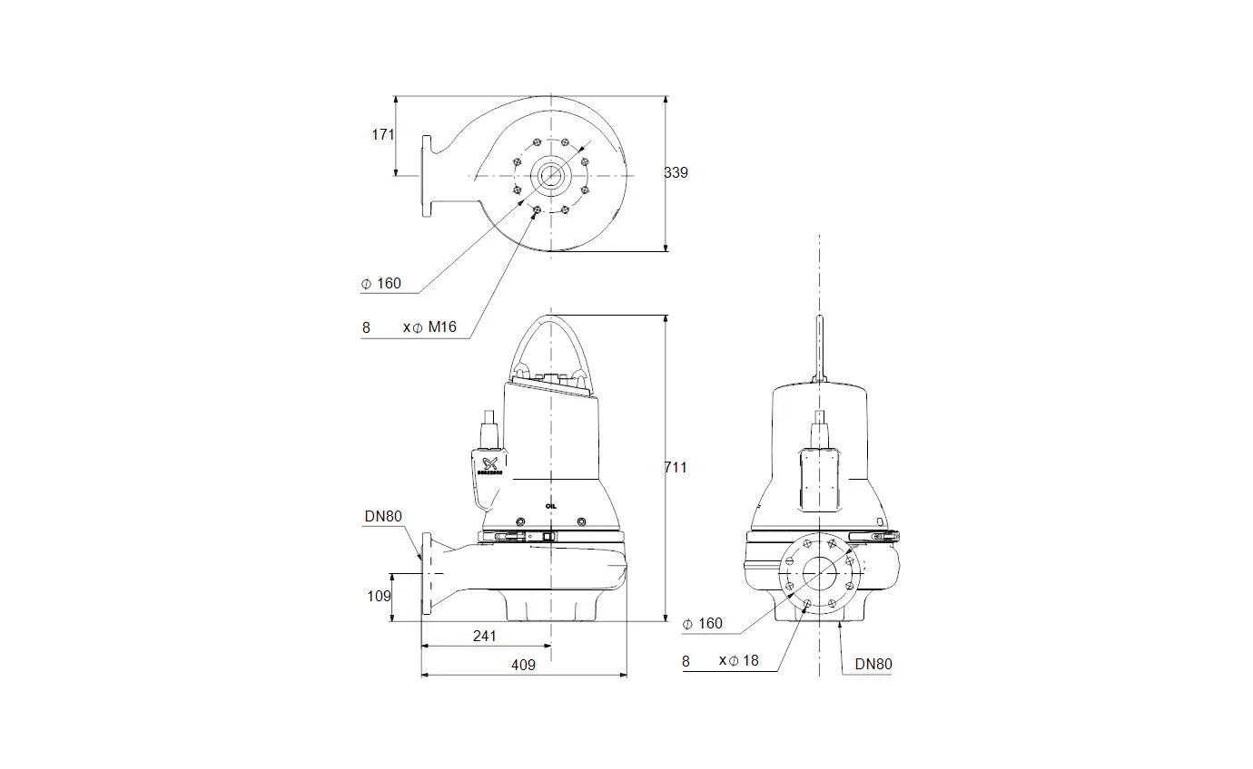 Tauchmotorpumpe von Grundfos mit flachem Design, seitlicher Anschluss und verschiedenen Montagemöglichkeiten. Maße und technische Details sind im Bild angegeben.